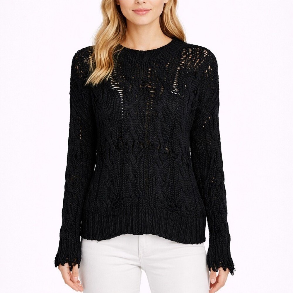 Sablyn Women Mitzy Distressed Cable Knit Sweater Black Cotton Silk  size XS